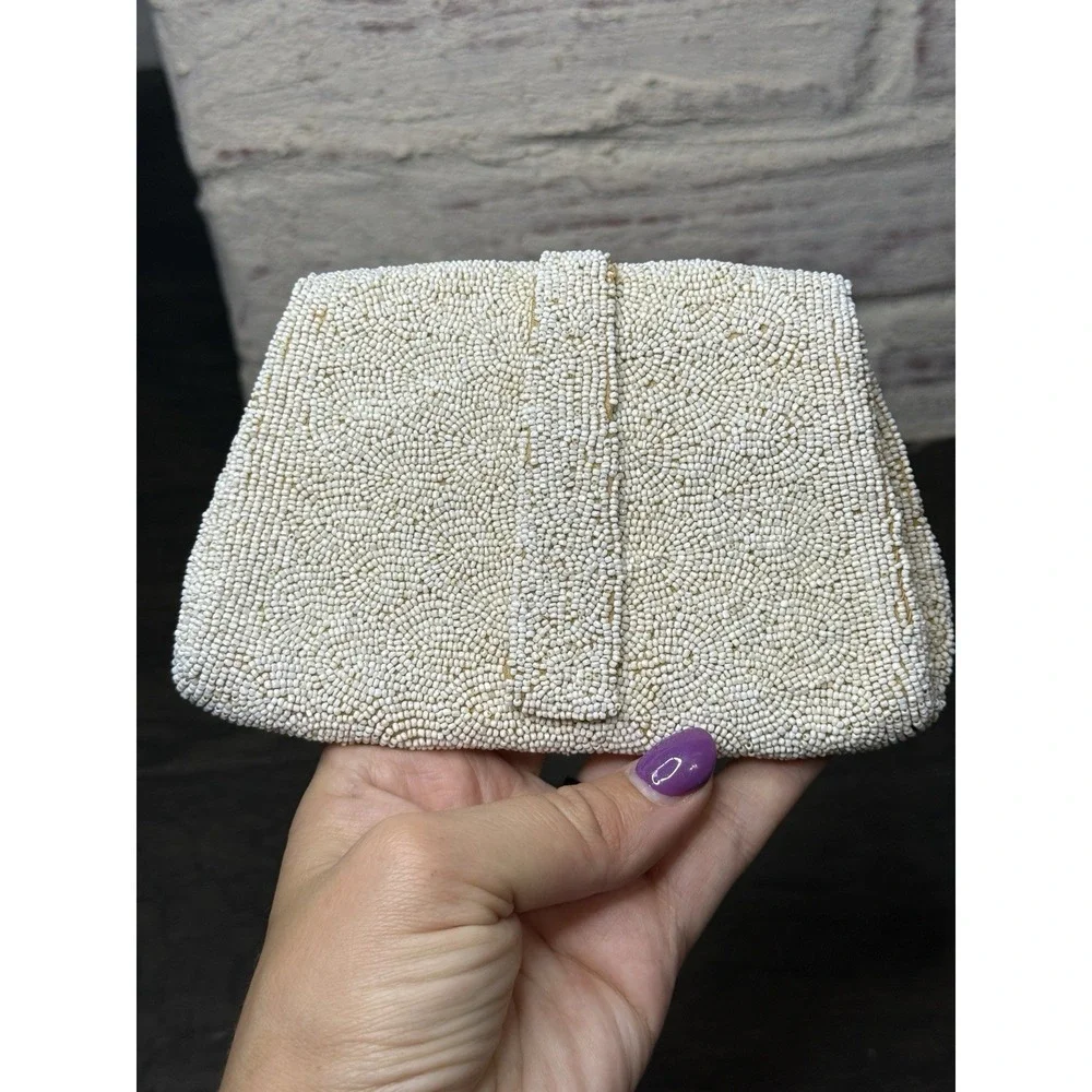 Vintage Antique White & Gold Micro-Beaded Change Purse Clutch‎ France/Italian?